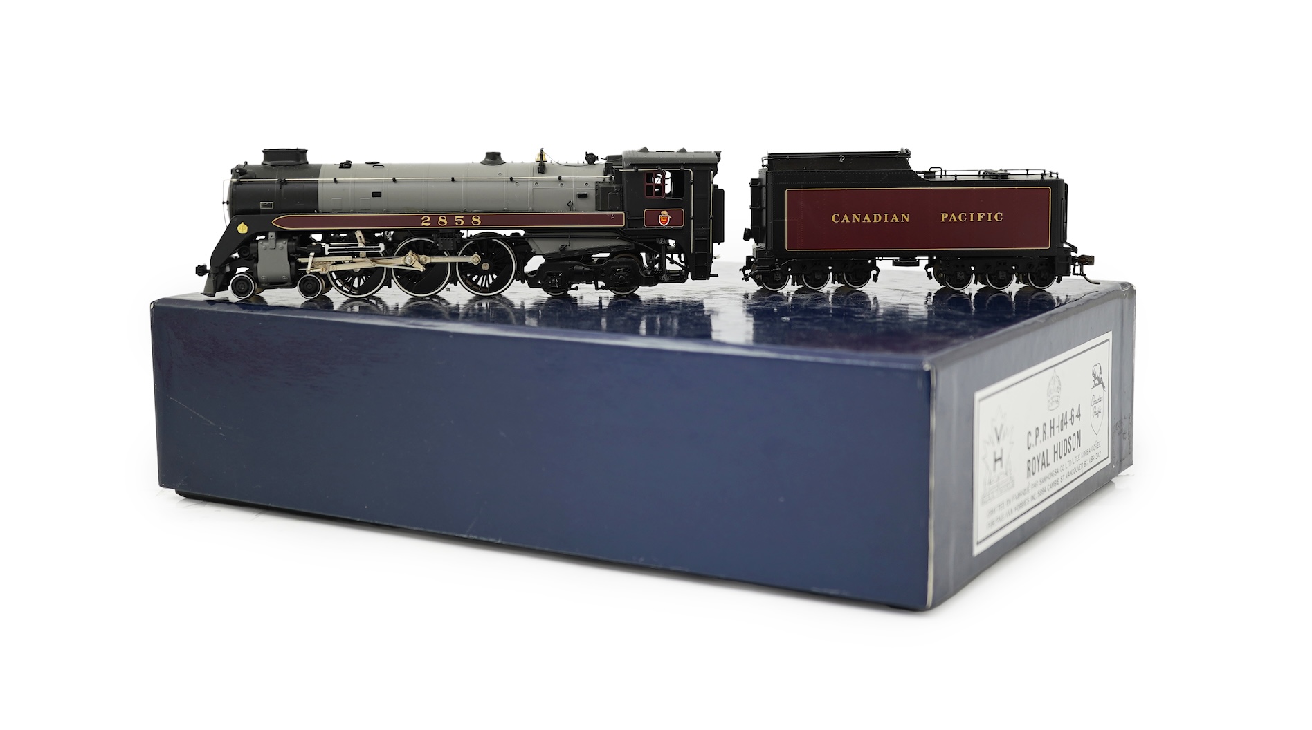 A boxed HO gauge VH Scale Models model of Canadian Pacific Railway Royal Hudson H-1d, 2858, 4-6-4 locomotive with bogie tender, powered for two rail operation.